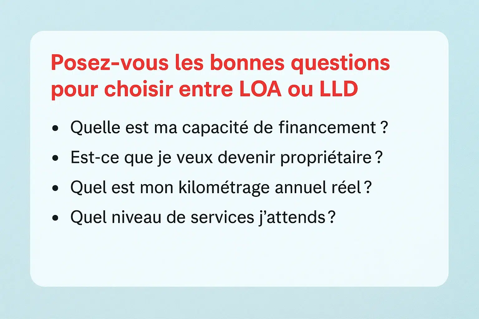 Infographie en français intitulée ‘Posez-vous les bonnes questions pour choisir entre LOA ou LLD’, présentant quatre questions clés sur le financement, la propriété, le kilométrage et les services attendus.