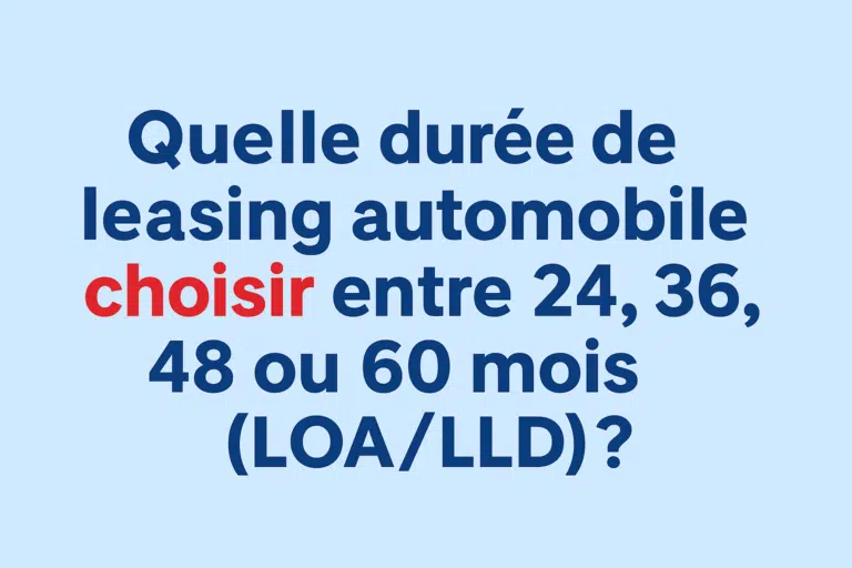 Illustration montrant une réflexion sur le choix de la durée idéale d’un contrat de leasing auto entre 24, 36, 48 ou 60 mois, dans un style graphique digital aux couleurs bleu et rouge de Bien Choisir Son Leasing.