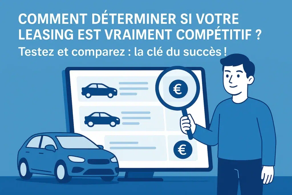 Illustration en français sur la compétitivité d’un contrat de leasing auto, avec le message : Testez et comparez, la clé du succès.