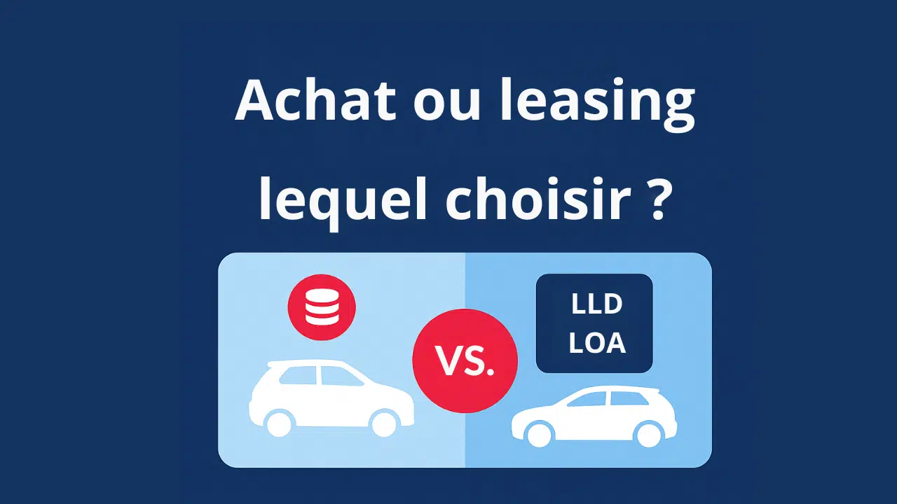 Infographie comparant l’achat automobile au leasing (LOA/LLD) avec deux véhicules côte à côte et un encart “VS” central, sur fond bleu avec les couleurs de Bien Choisir Son Leasing.