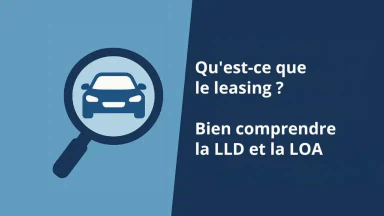 Illustration informative présentant la question “Qu’est-ce que le leasing ?” avec une explication visuelle des différences entre LOA (Location avec Option d’Achat) et LLD (Location Longue Durée), aux couleurs de Bien Choisir Son Leasing.