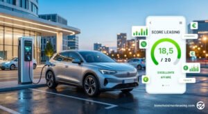 Infographie Score Leasing 2026 montrant la performance d'un contrat de voiture électrique en recharge.