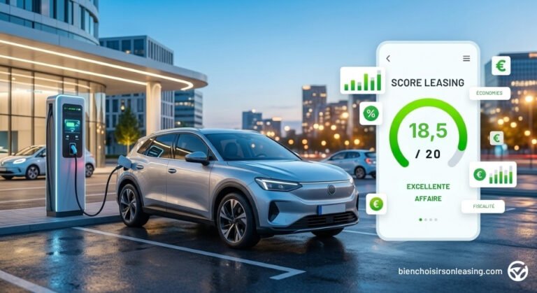 Infographie Score Leasing 2026 montrant la performance d'un contrat de voiture électrique en recharge.